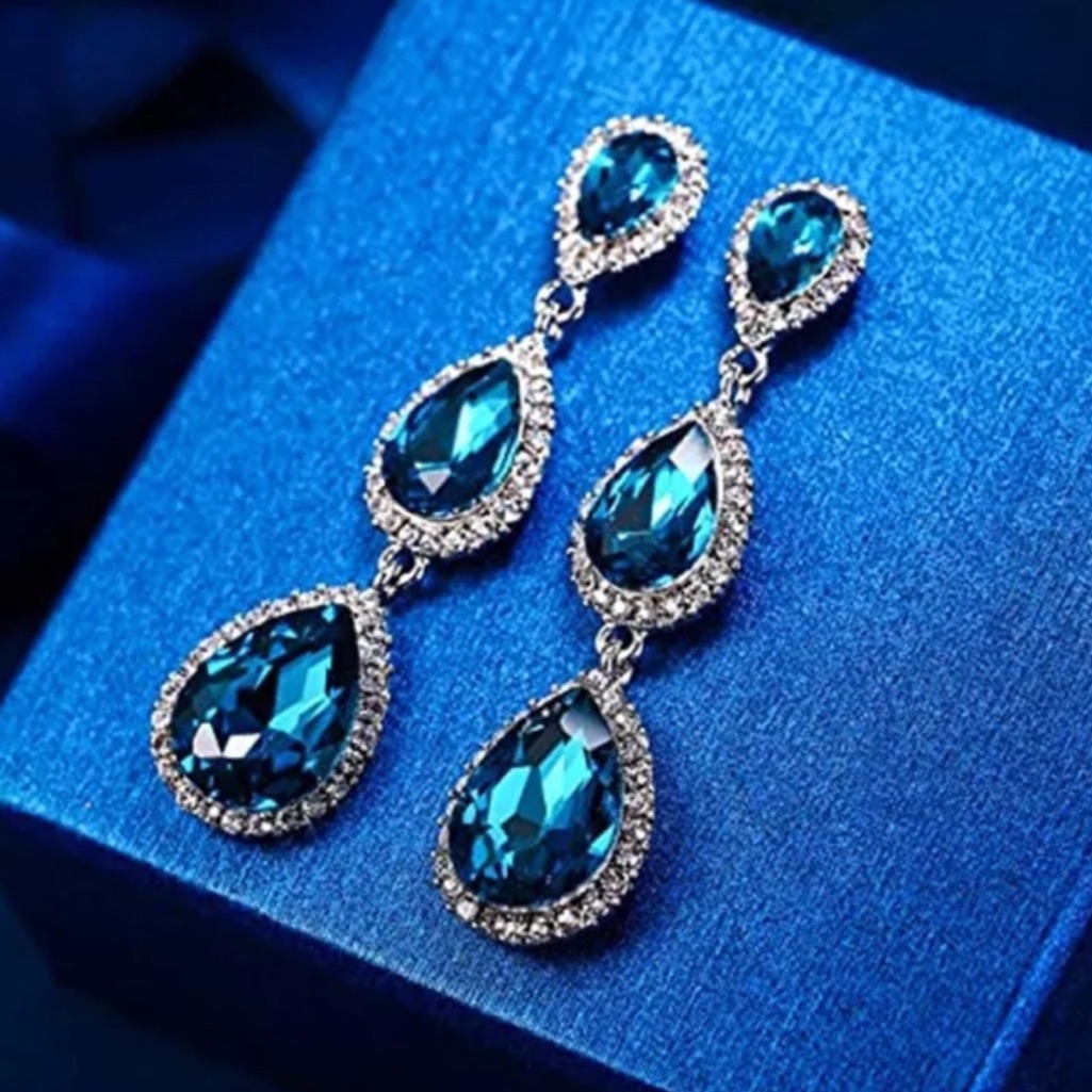 - Gorgeous And Elegant Blue Sapphire. Three-Tiered Drop Earrings